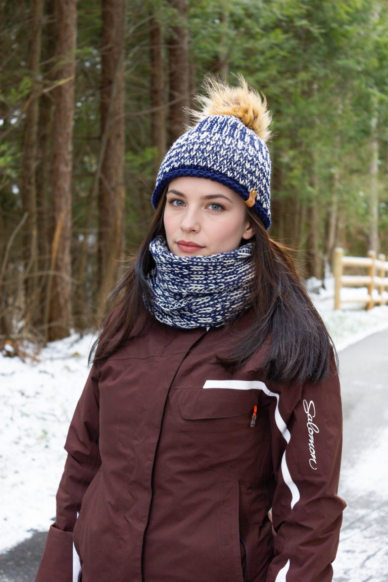 Wool Two-Tone Knit Beanie with Pom