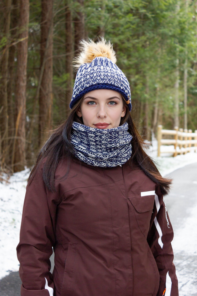 Wool Two-Tone Knit Beanie with Pom