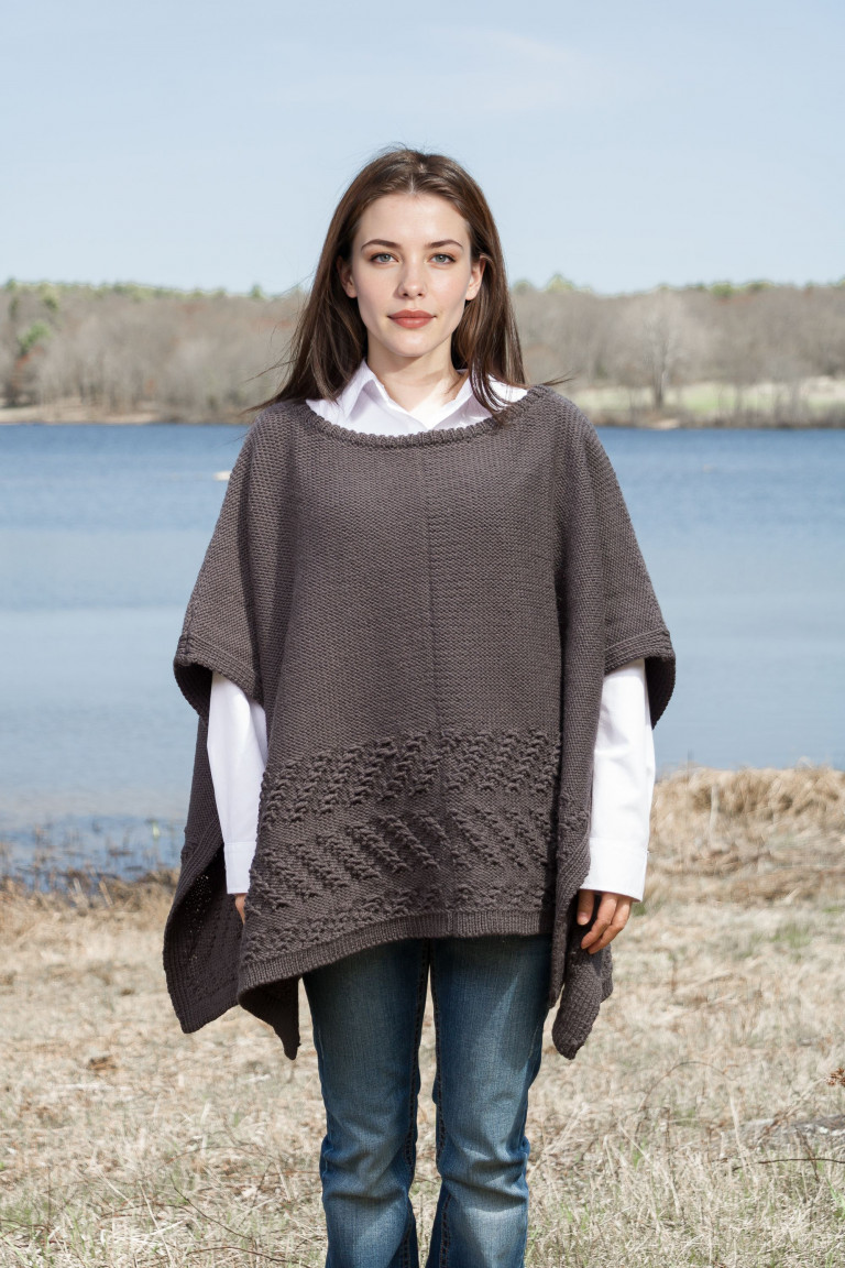 Patterned Wool Boatneck Knit Poncho