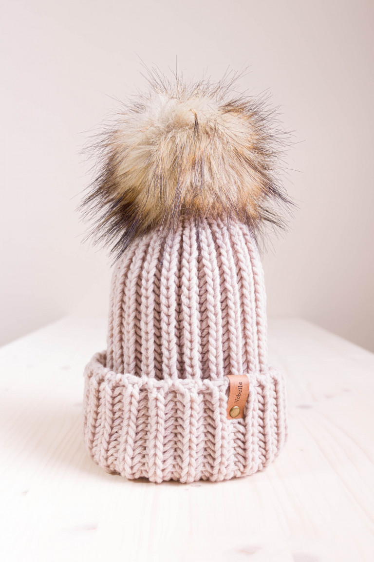 Fisherman's Rib Beanie with Folded Hem and Pom Pom - Beige