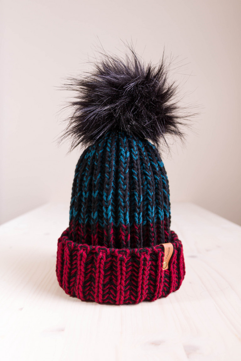 Multi-toned textured wool beanie with removable pompom