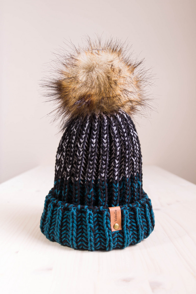 Multi-toned textured wool beanie with removable pompom