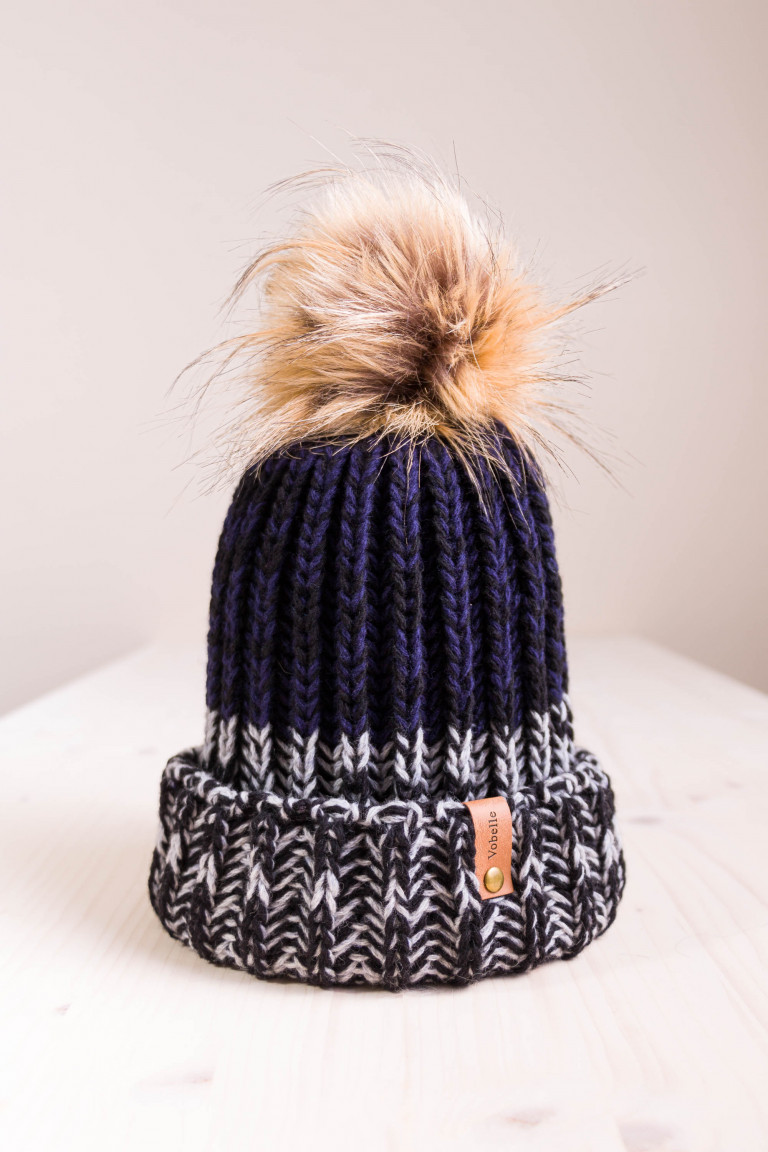Multi-toned textured wool beanie with removable pompom