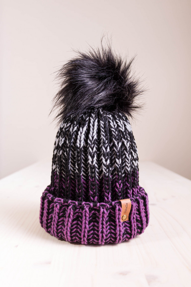 Multi-toned textured wool beanie with removable pompom