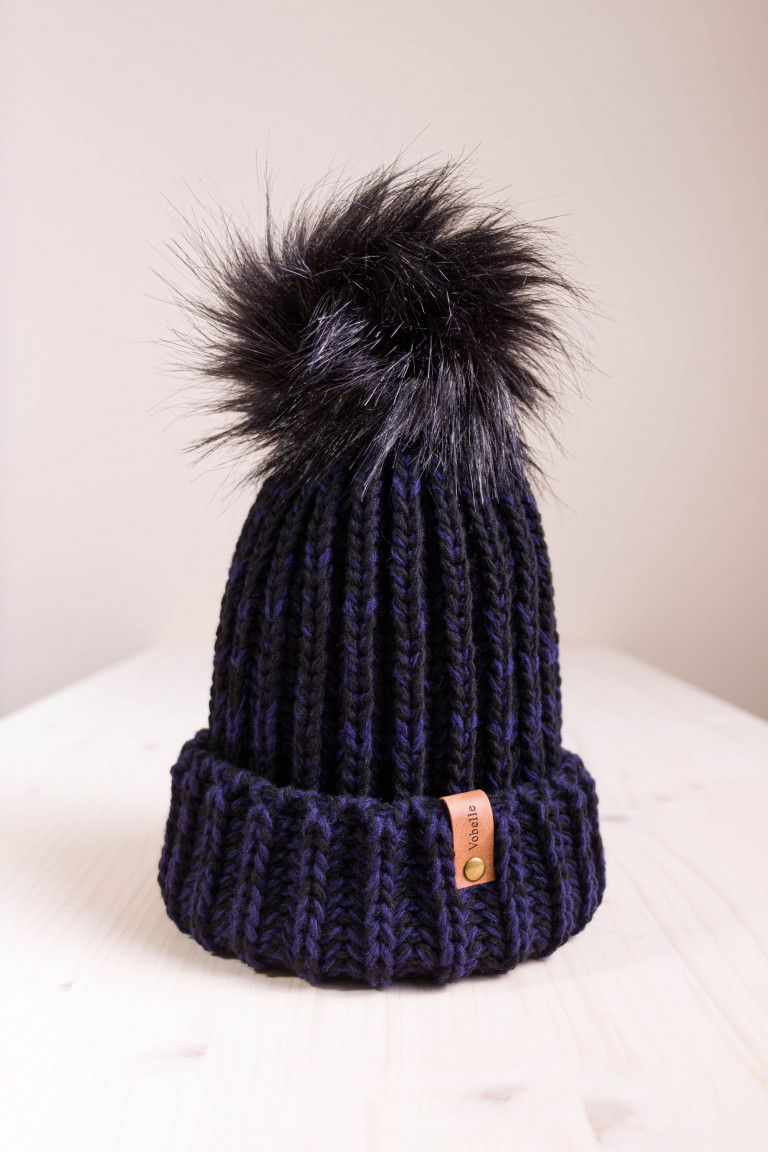 Rib-Knit Two Colors Beanie with Pom and Folded Hem