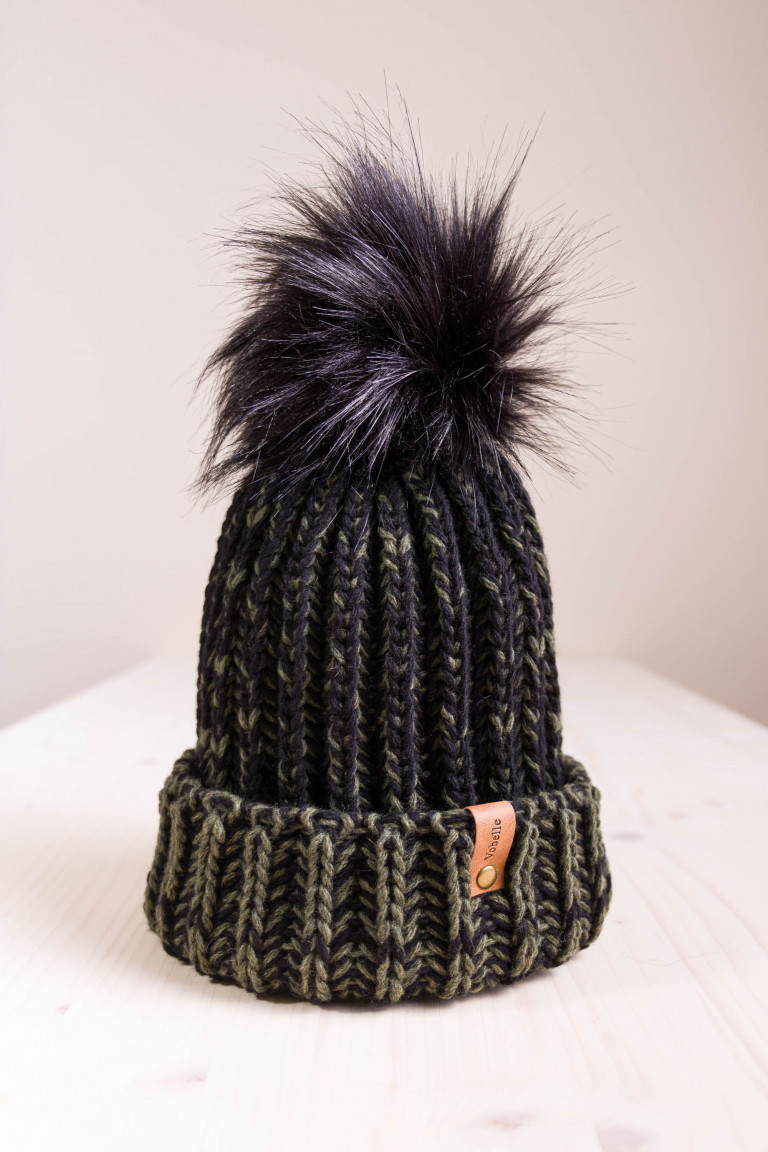 Rib-Knit Two Colors Beanie with Pom and Folded Hem- Olive