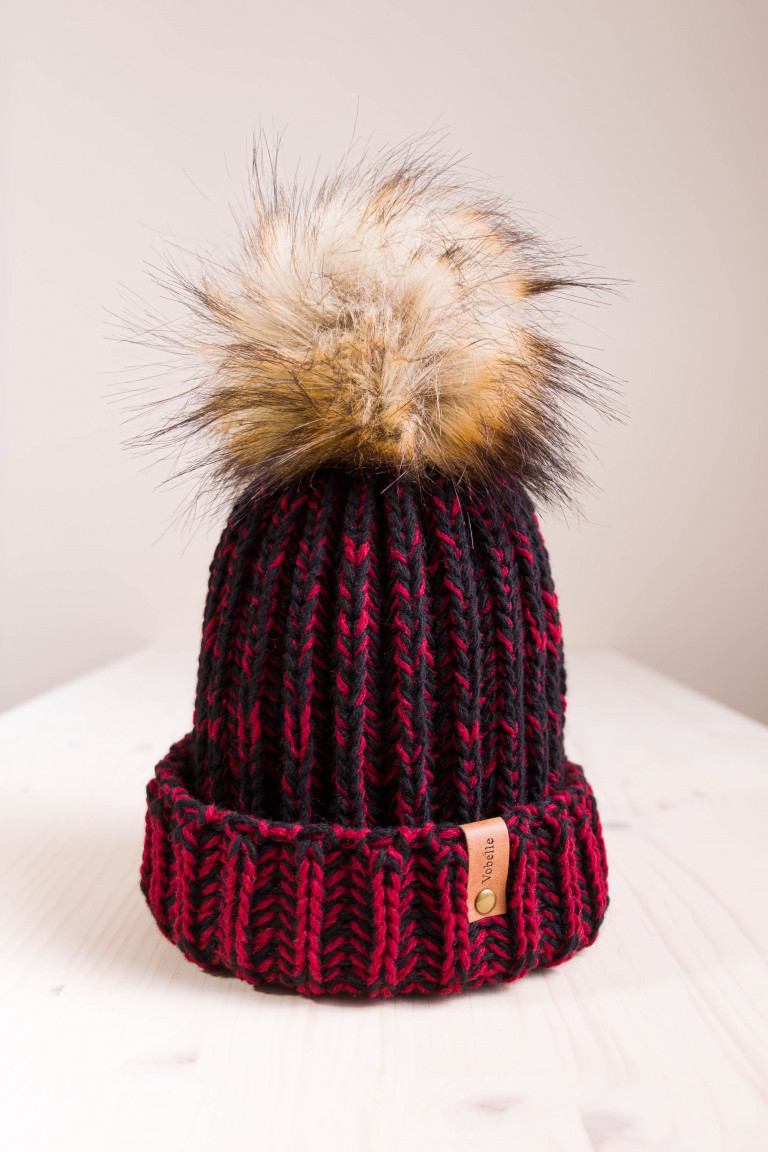 Rib-Knit Two Colors Beanie with Pom and Folded Hem - Dark Red
