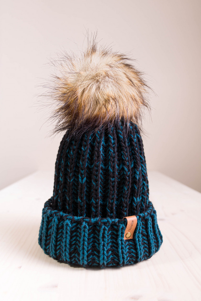 Rib-Knit Two Colors Beanie with Pom and Folded Hem- Teal