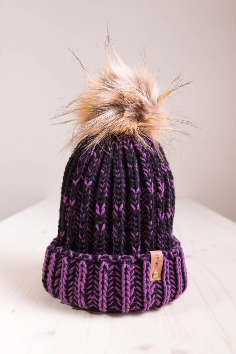 Rib-Knit Two Colors Beanie with Pom and Folded Hem