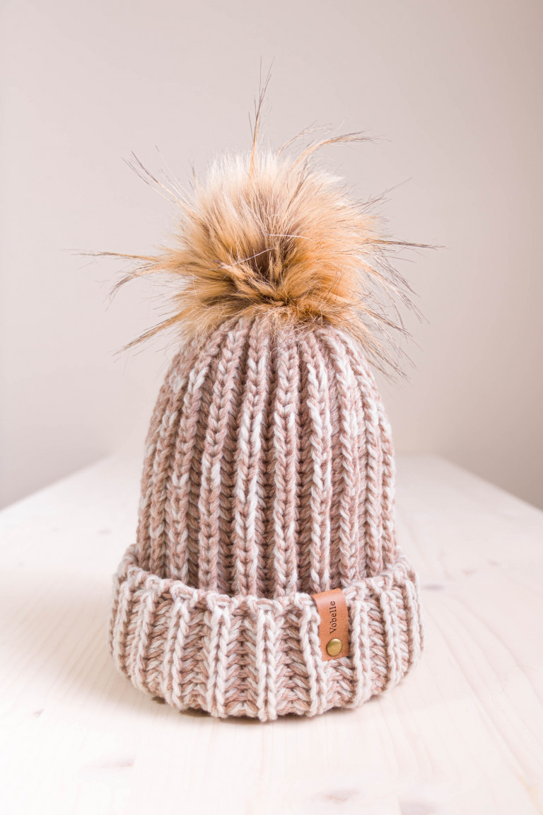 Rib-Knit Two Colors Beanie with Pom and Folded Hem