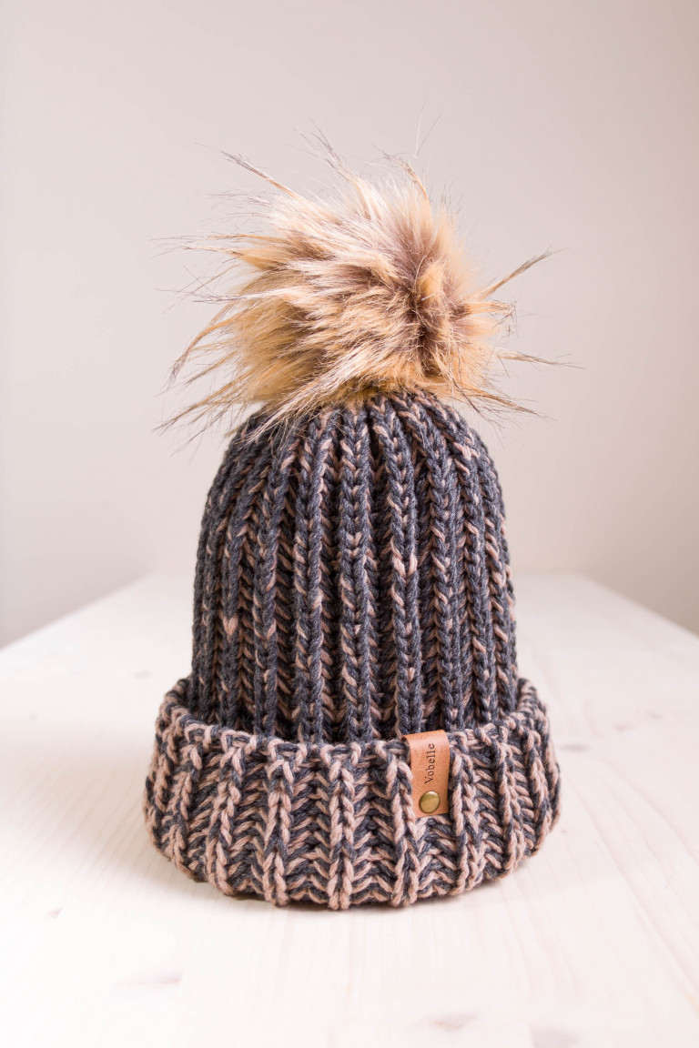 Rib-Knit Two Colors Beanie with Pom and Folded Hem- Camel