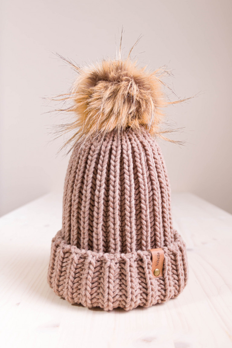 Fisherman's Rib Beanie with Folded Hem and Pom Pom - Camel