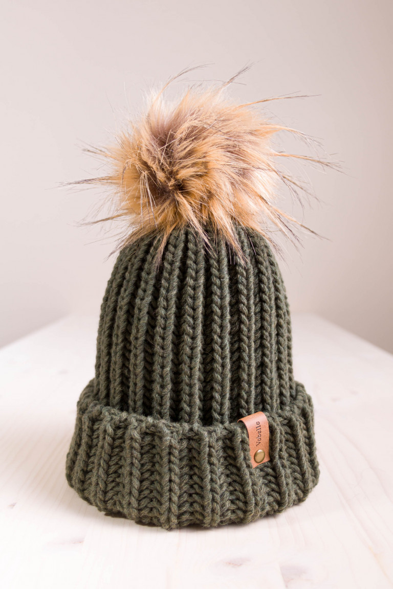 Fisherman's Rib Beanie with Folded Hem and Pom Pom - Olive