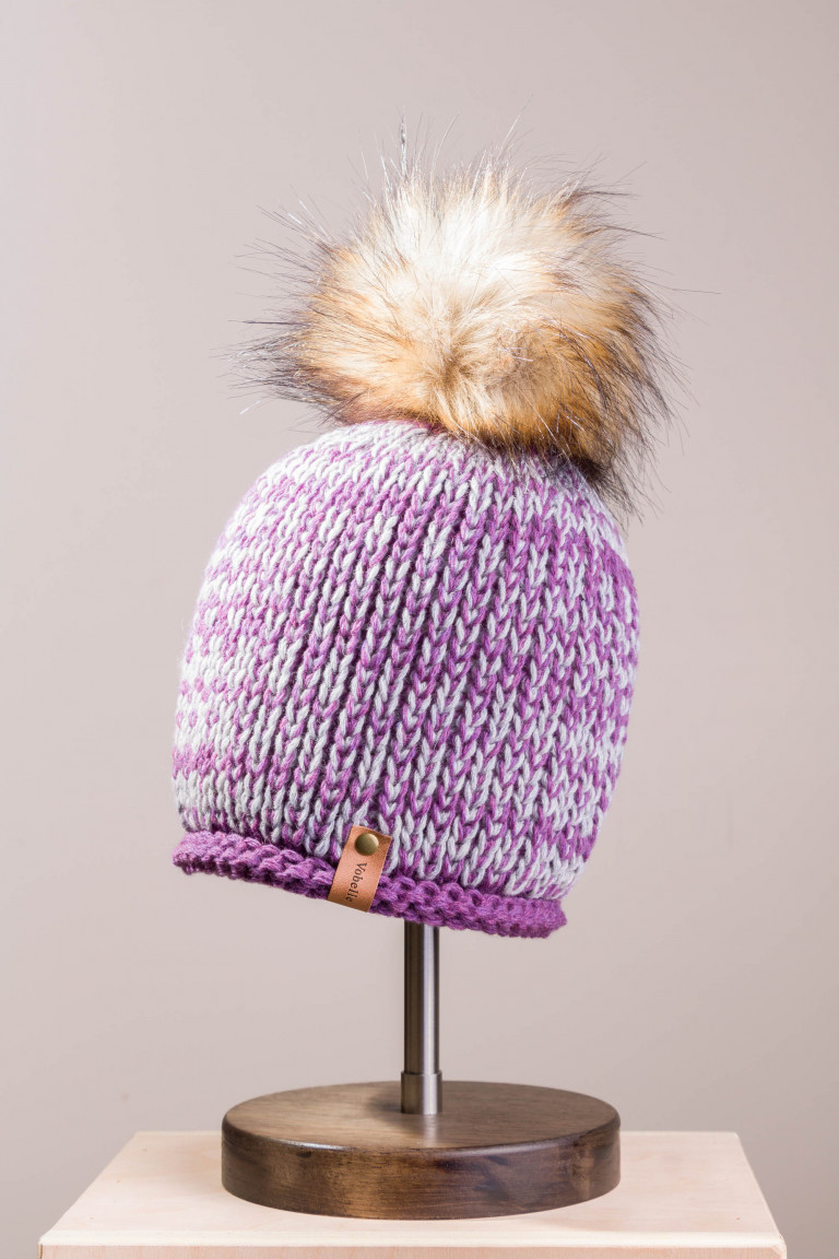 Two-Tone Knit Beanie with Faux Fur Pom Pom