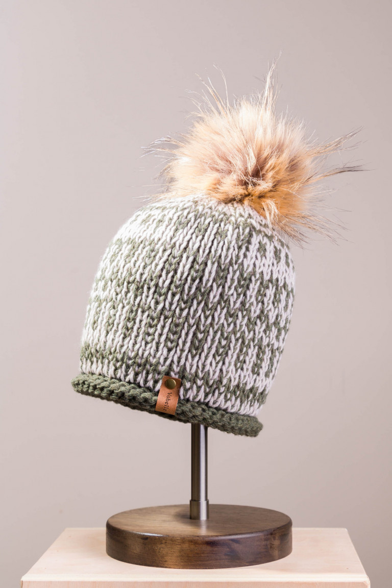 Two-Tone Knit Beanie with Faux Fur Pom Pom