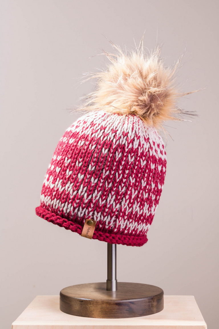 Two-Tone Knit Beanie with Faux Fur Pom Pom