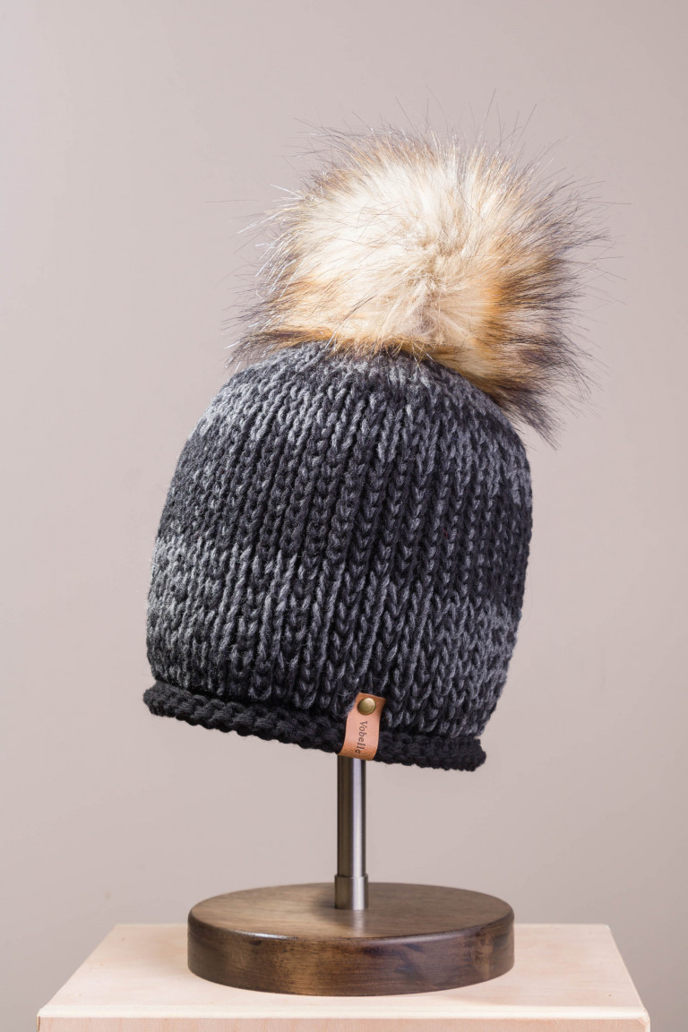 Two-Tone Knit Beanie with Faux Fur Pom Pom