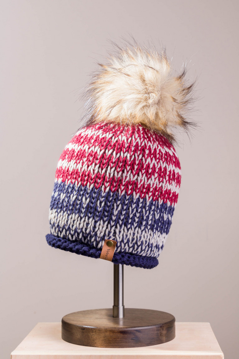 Multi-color textured wool beanie with removable pompom