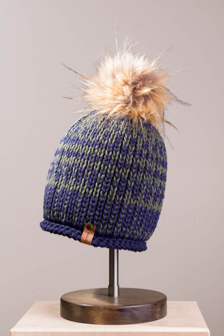 Two-Tone Knit Beanie with Faux Fur Pom Pom