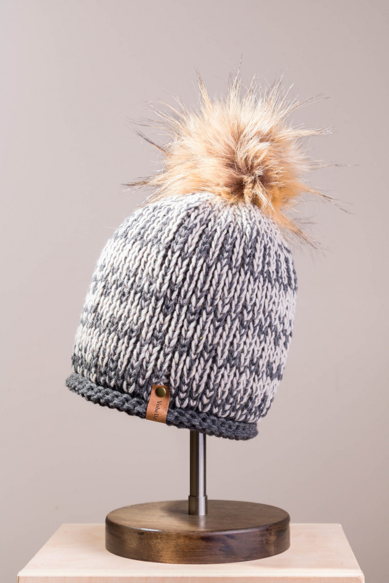 Two-Tone Knit Beanie with Faux Fur Pom Pom