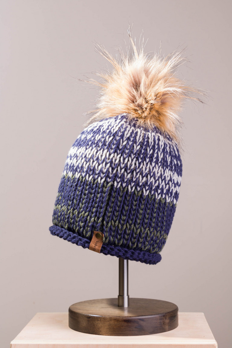 Multi-color textured wool beanie with removable pompom