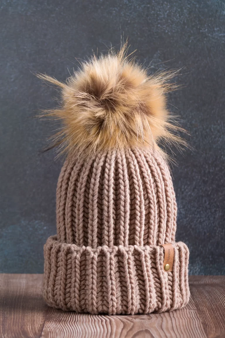 Fisherman's Rib Beanie with Folded Hem and Pom Pom - Camel