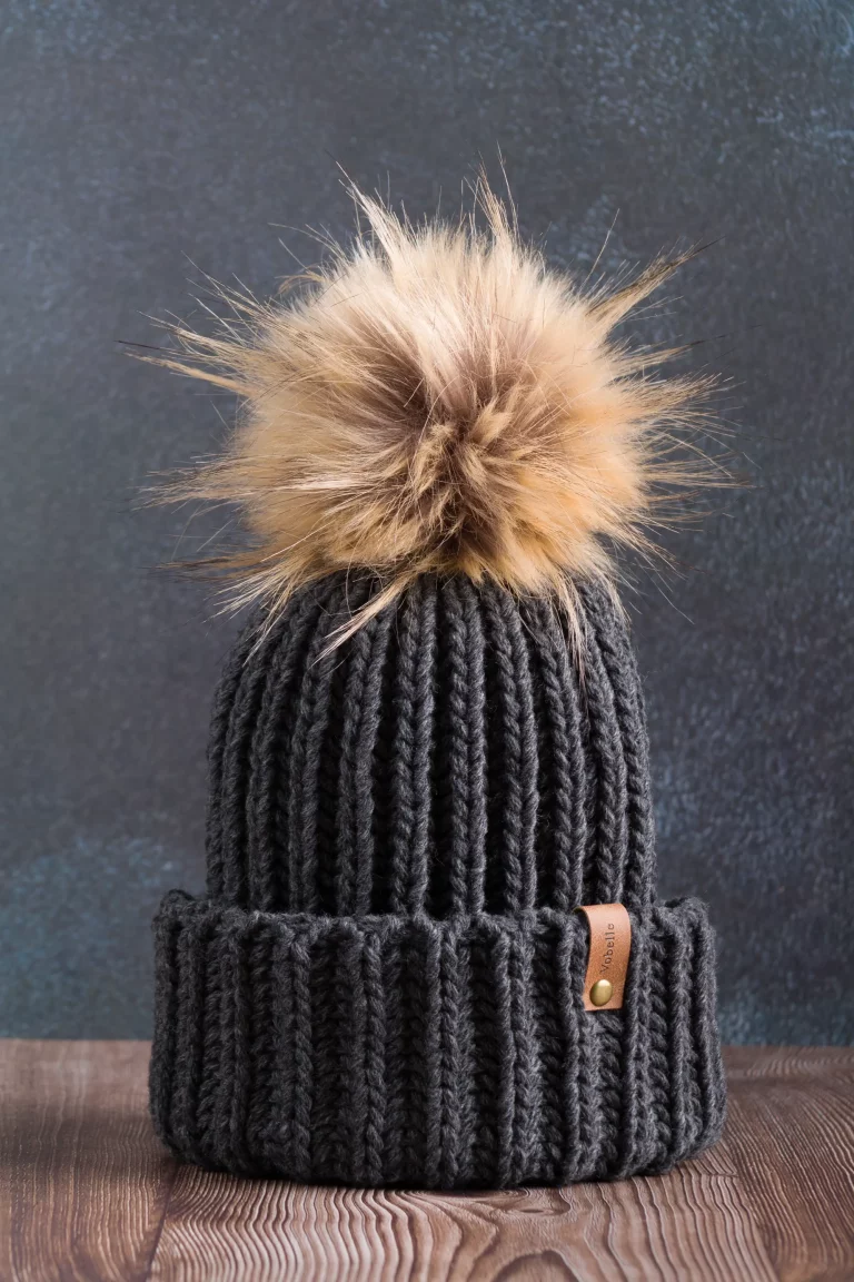 Fisherman's Rib Beanie with Folded Hem and Pom Pom - Dark Gray