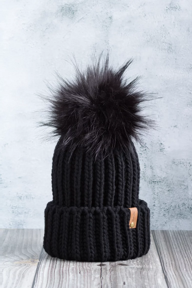 Fisherman's Rib Beanie with Folded Hem and Pom Pom - Black