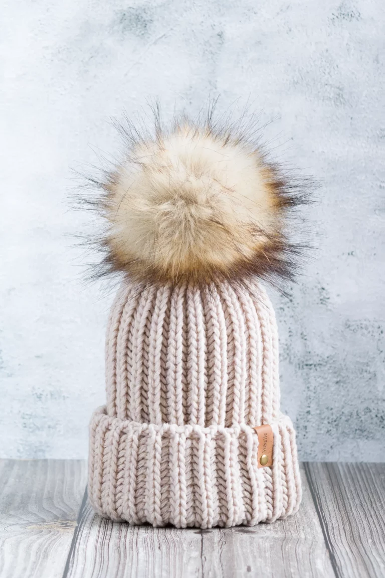 Fisherman's Rib Beanie with Folded Hem and Pom Pom - Beige