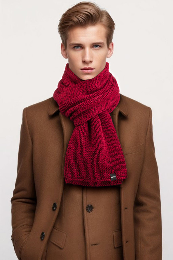 100% Merino Wool Mens Knit Scarf - Dark Red